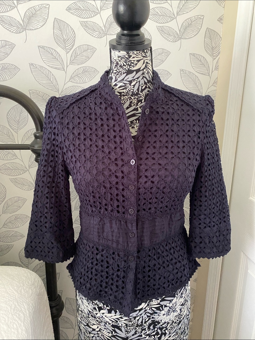 Women’s Nygard dark navy blue eyelet 3/4 sleeve jacket in 10P